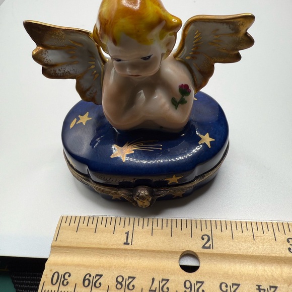 Limoges Porcelain Angel Trinket Box with Blue Trim - Picture 7 of 9